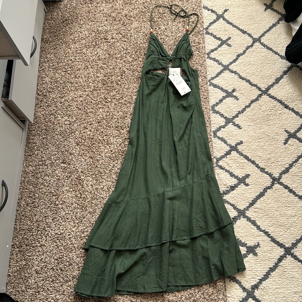 Zara Ruffled Linen Blend Dress Khaki